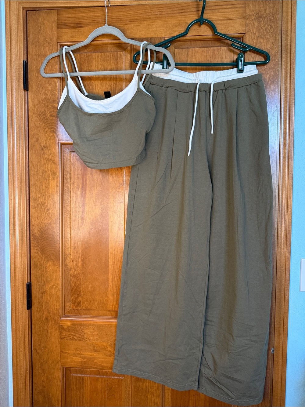 SHEIN Olive Green Two-Piece Crop Top & Wide Leg Pants Set